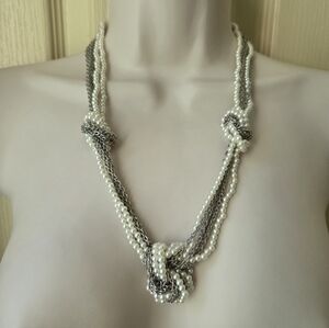 Silver Metal and Pearl Multi-Knot Necklace